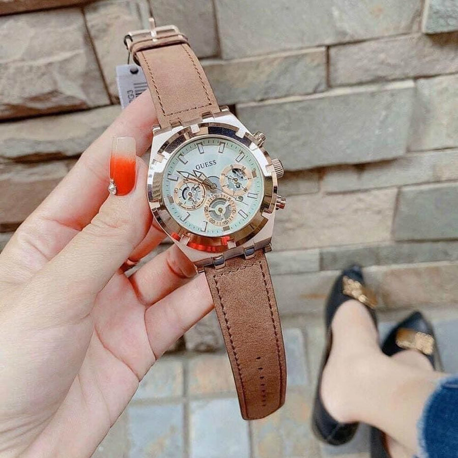 Guess Analog Multifunction White Dial Brown Leather Strap Watch for Men - GW0262G3