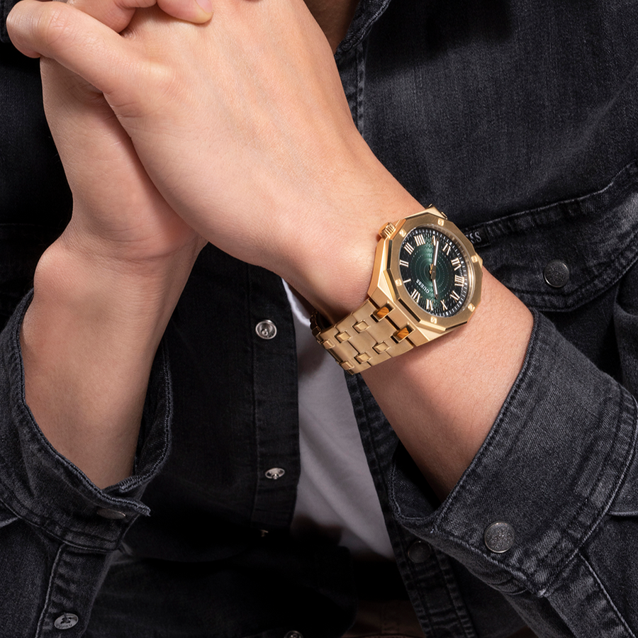 Guess Asset Quartz Green Dial Gold Steel Strap Watch For Men - GW0575G2