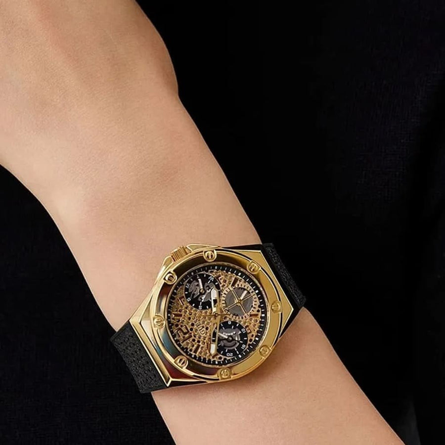 Guess Asteria Multifunction Gold Dial Black Rubber Strap Watch For Women - GW0620L2