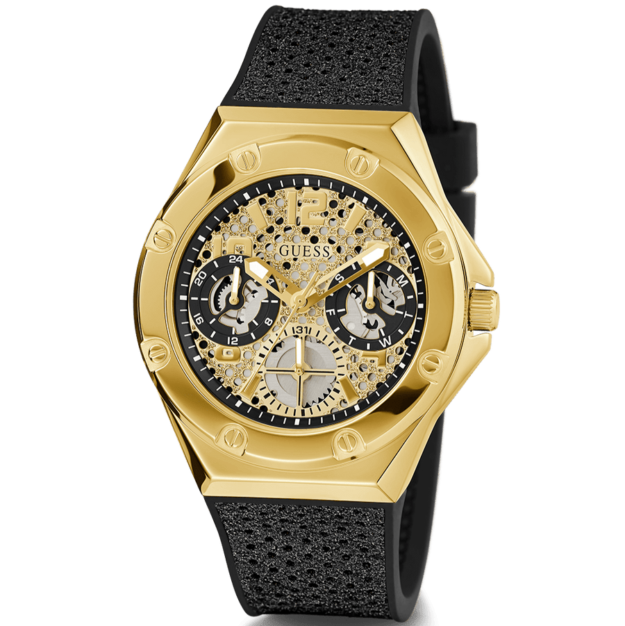 Guess Asteria Multifunction Gold Dial Black Rubber Strap Watch For Women - GW0620L2