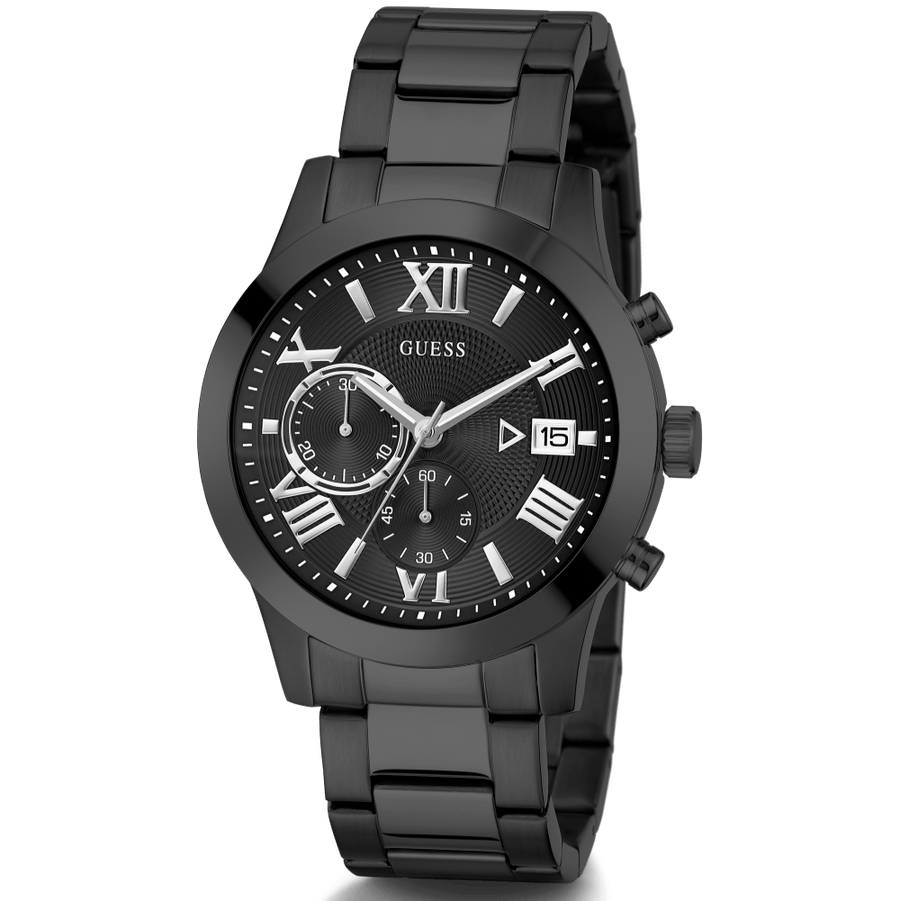 Guess Atlas Chronograph Black Dial Black Steel Strap Watch For Men - W0668G5