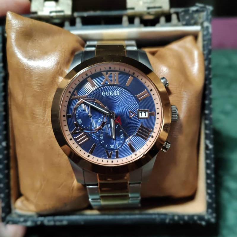 Guess Atlas Chronograph Blue Dial Two Tone Steel Strap Watch for Men - W0668G6