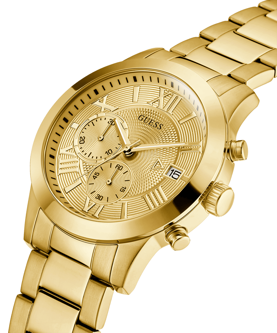 Guess Atlas Chronograph Gold Dial Gold Steel Strap Watch For Men - W0668G4