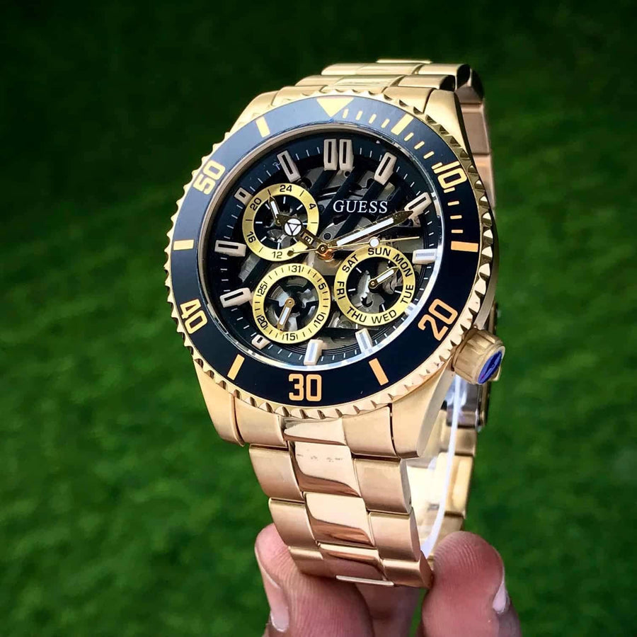 Guess Axle Multifunction Black Dial Gold Steel Strap Watch For Men - GW0488G2