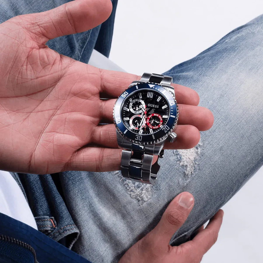Guess Axle Multifunction Black Dial Silver Steel Strap Watch For Men - GW0488G1