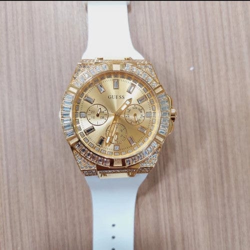 Guess Baguette Crystals Gold Dial White Silicone Strap Watch For Men - GW0208G3
