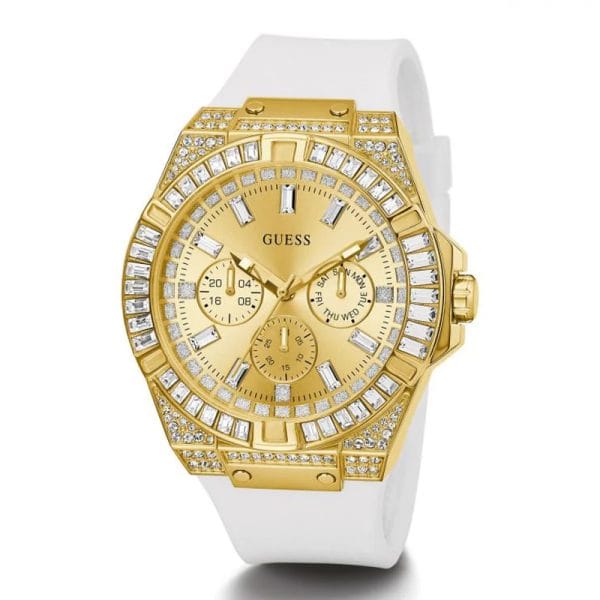Guess Baguette Crystals Gold Dial White Silicone Strap Watch For Men - GW0208G3