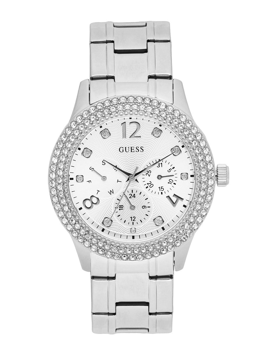 Guess Bedazzle Diamonds Silver Dial Silver Steel Strap Watch For Women - W1097L1