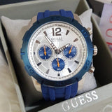 Guess Caliber Chronograph White Dial Blue Rubber Strap Watch for Men - W0864G6