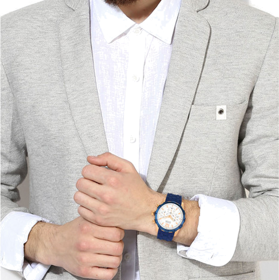Guess Caliber Chronograph White Dial Blue Silicone Strap Watch for Men - W0864G5