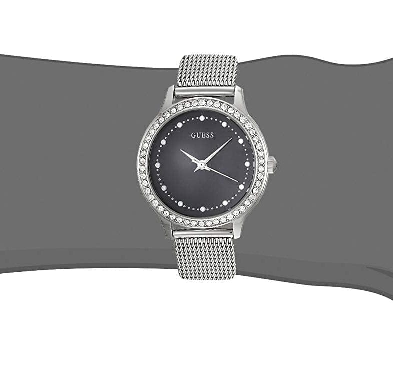 Guess Chelsea Crystals Black Dial Silver Mesh Bracelet Watch For Women  - W0647L5