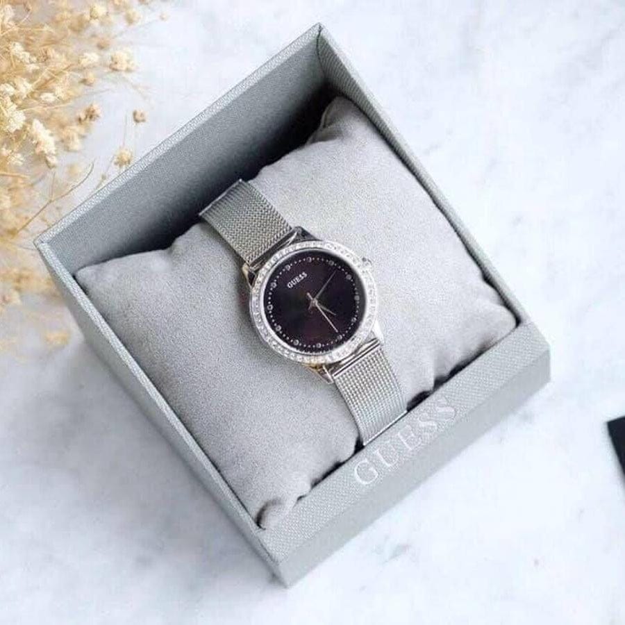 Guess Chelsea Crystals Black Dial Silver Mesh Bracelet Watch For Women  - W0647L5