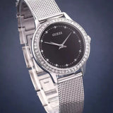 Guess Chelsea Crystals Black Dial Silver Mesh Bracelet Watch For Women  - W0647L5