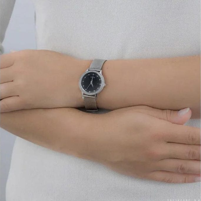 Guess Chelsea Crystals Black Dial Silver Mesh Bracelet Watch For Women  - W0647L5