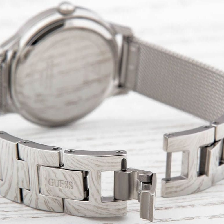 Guess Chelsea Crystals Black Dial Silver Mesh Bracelet Watch For Women  - W0647L5