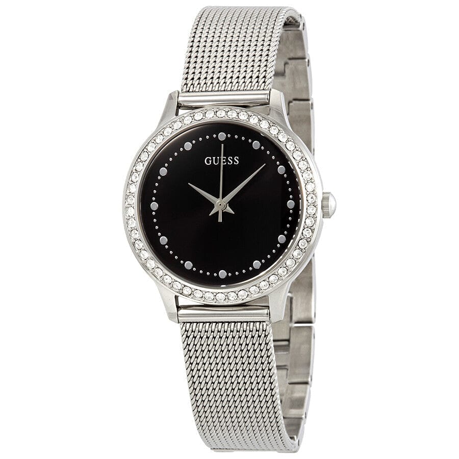 Guess Chelsea Crystals Black Dial Silver Mesh Bracelet Watch For Women  - W0647L5