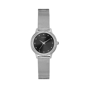 Guess Chelsea Crystals Black Dial Silver Mesh Bracelet Watch For Women  - W0647L5