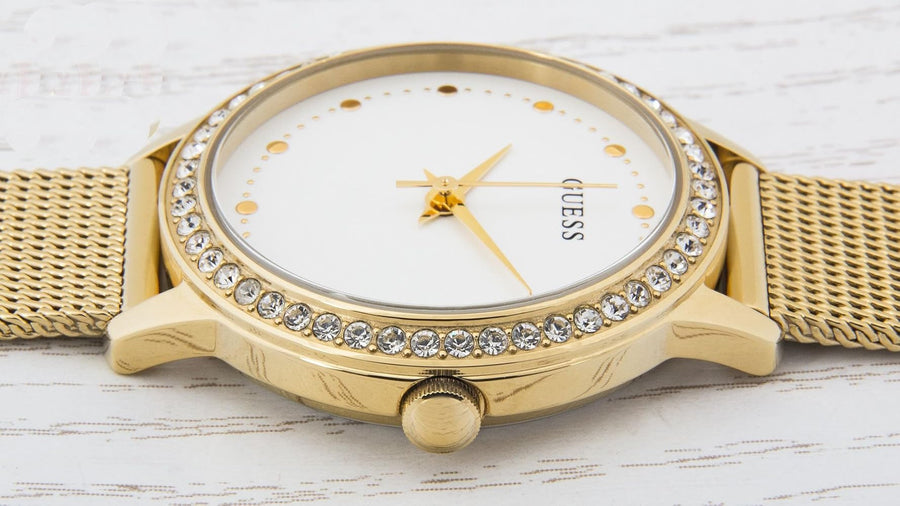 Guess Chelsea Crystals Mother of Pearl White Dial Gold Mesh Bracelet Watch For Women - W0647L7