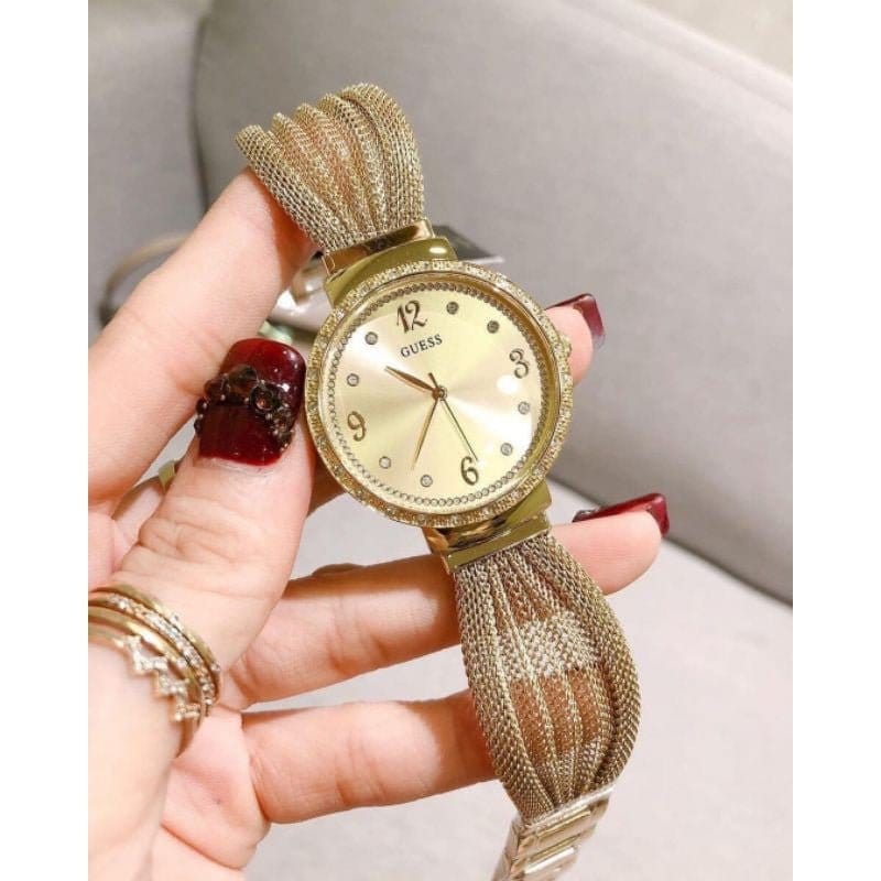 Guess Chiffon Gold Dial Gold Mesh Bracelet Watch For Women - W1083L2
