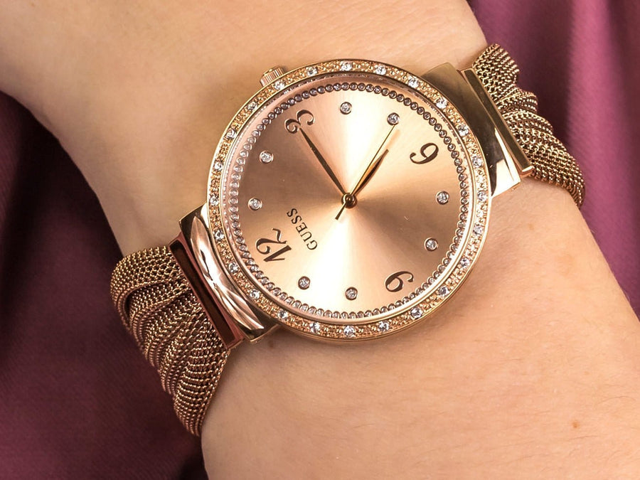 Guess Chiffon Rose Gold Dial Mesh Bracelet Watch For Women - W1083L3