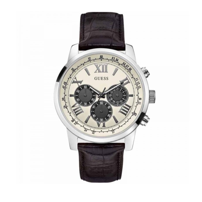 Guess Chronograph Quartz White Dial Brown Leather Strap Watch For Men - W0380G1