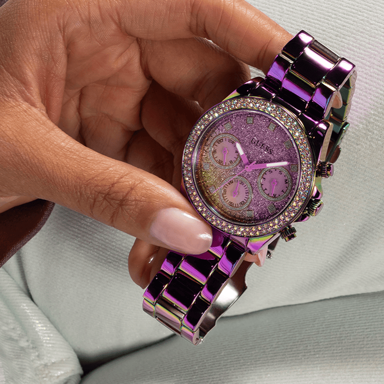 Guess Confetti Chronograph Crystals Multicolor Dial Purple Steel Strap Watch For Women - GW0483L5