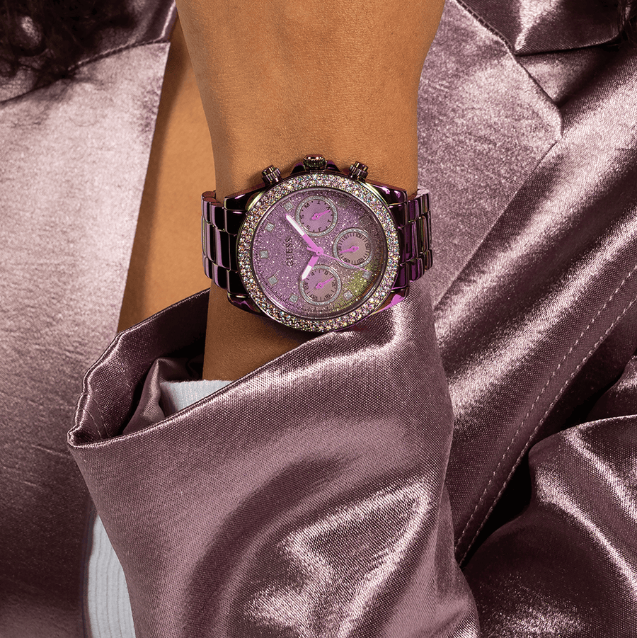 Guess Confetti Chronograph Crystals Multicolor Dial Purple Steel Strap Watch For Women - GW0483L5