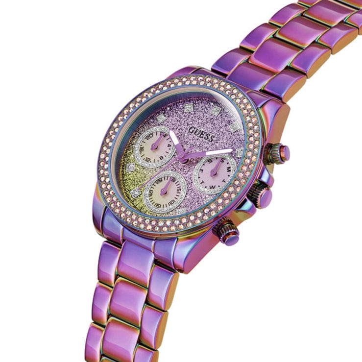 Guess Confetti Chronograph Crystals Multicolor Dial Purple Steel Strap Watch For Women - GW0483L5