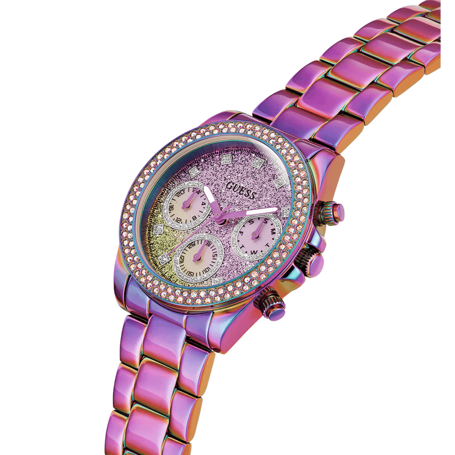 Guess Confetti Chronograph Crystals Multicolor Dial Purple Steel Strap Watch For Women - GW0483L5