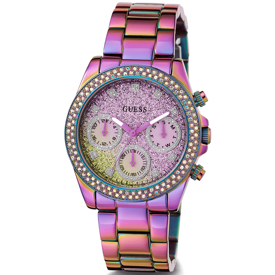 Guess Confetti Chronograph Crystals Multicolor Dial Purple Steel Strap Watch For Women - GW0483L5