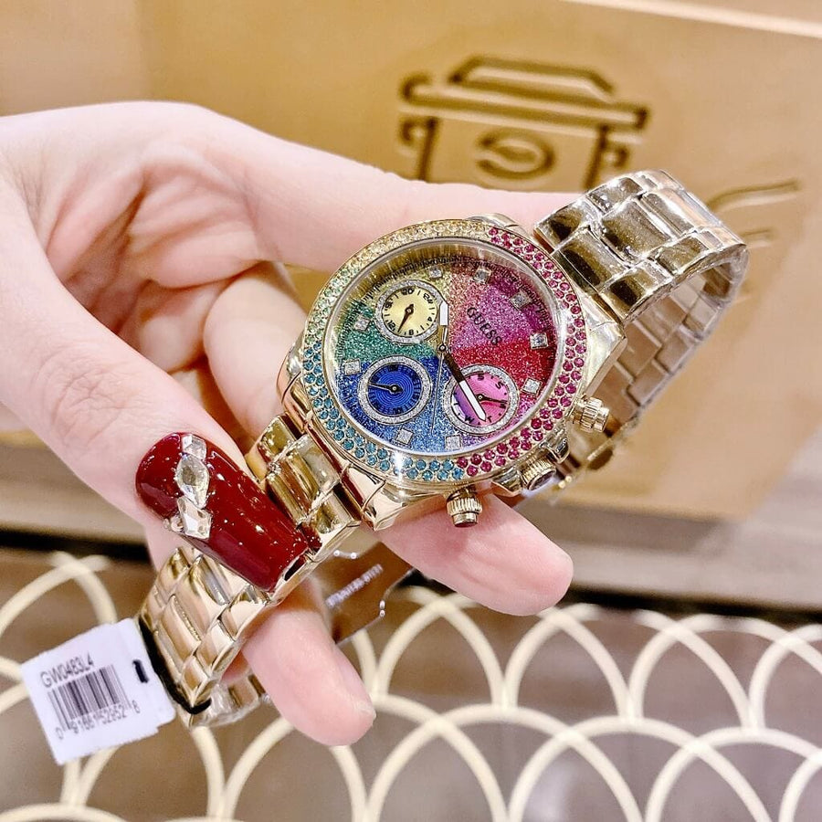 Guess Confetti Chronograph Rainbow Dial Gold Steel Strap Watch For Women  - GW0483L4