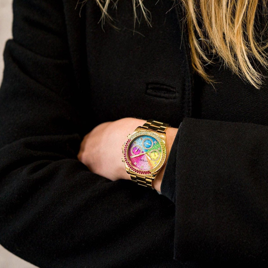 Guess Confetti Chronograph Rainbow Dial Gold Steel Strap Watch For Women  - GW0483L4