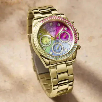 Guess Confetti Chronograph Rainbow Dial Gold Steel Strap Watch For Women  - GW0483L4