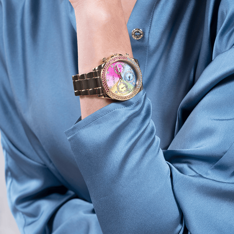 Guess Confetti Chronograph Rainbow Dial Gold Steel Strap Watch For Women  - GW0483L4