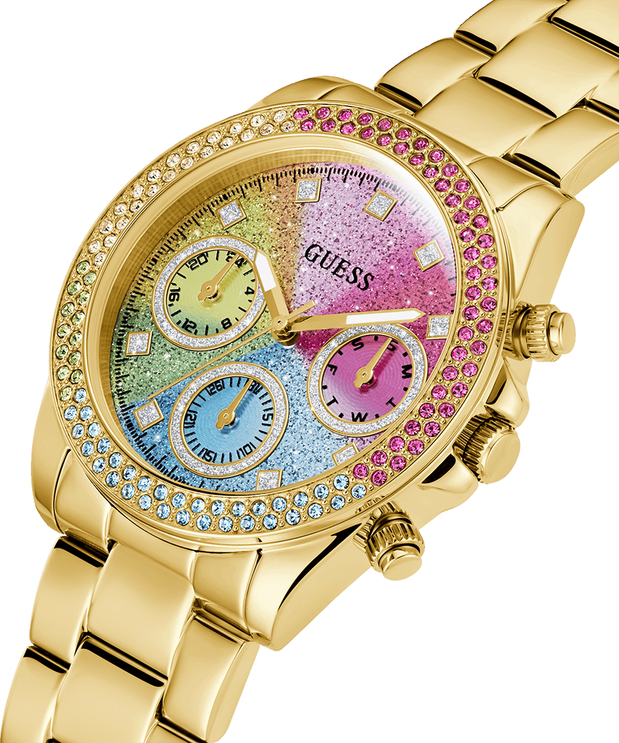 Guess Confetti Chronograph Rainbow Dial Gold Steel Strap Watch For Women  - GW0483L4