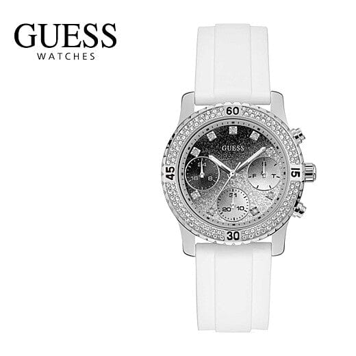Guess Confetti Crystal Black Dial White Silicone Strap Watch For Women - W1098L1