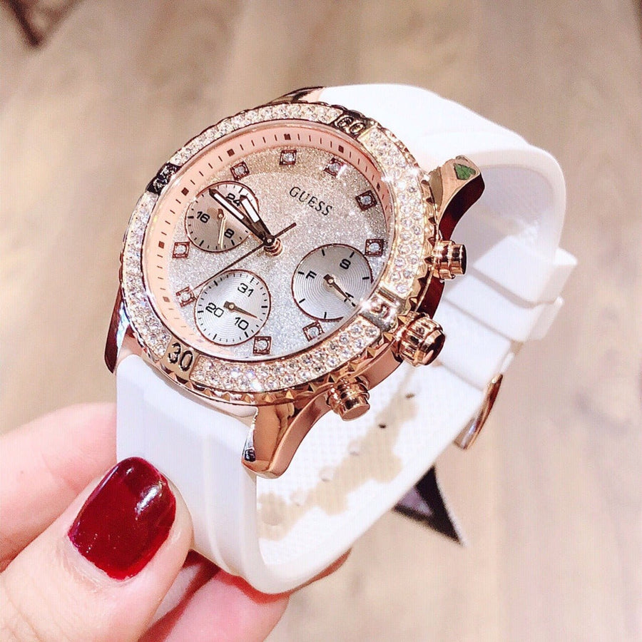 Guess Confetti Crystal Rose Gold Dial White Silicone Strap Watch For Women - W1098L5