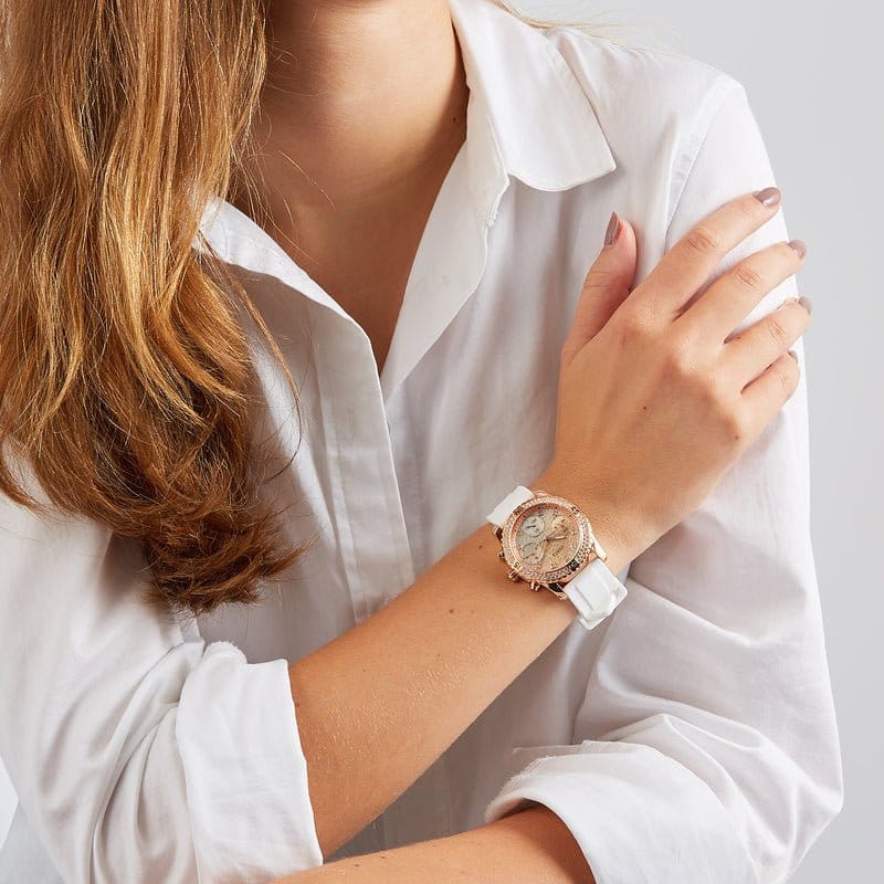 Guess Confetti Crystal Rose Gold Dial White Silicone Strap Watch For Women - W1098L5