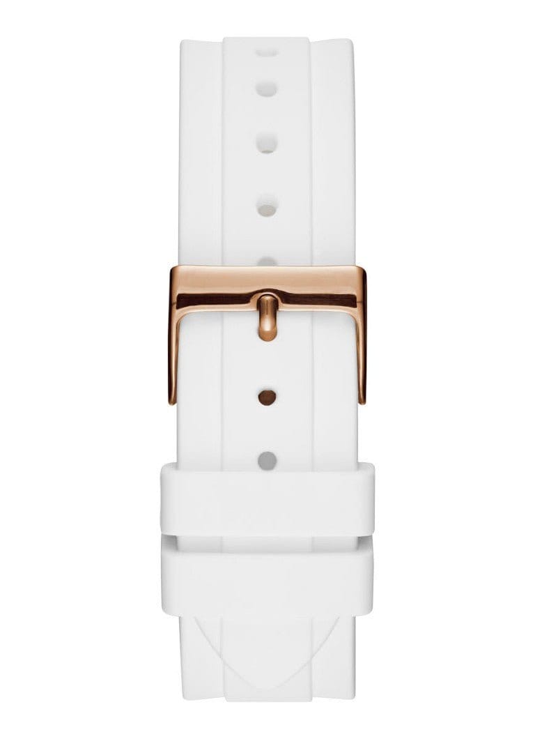 Guess Confetti Crystal Rose Gold Dial White Silicone Strap Watch For Women - W1098L5