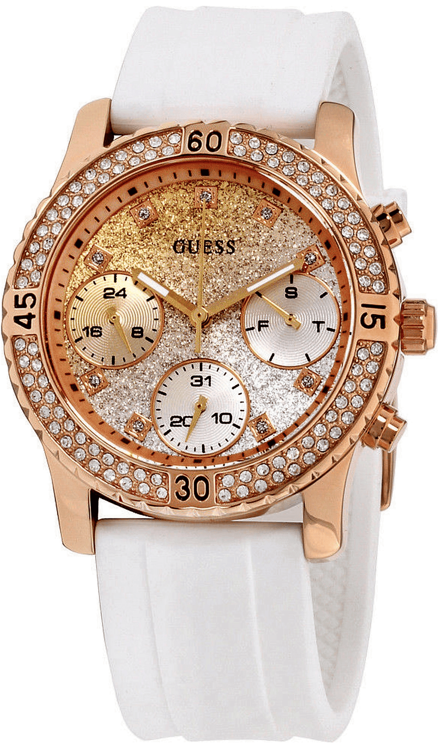 Guess Confetti Crystal Rose Gold Dial White Silicone Strap Watch For Women - W1098L5
