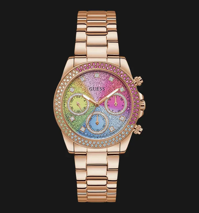 Guess Confetti Multifunction Multicolor Dial Rose Gold Steel Strap Watch For Women - GW0483L3