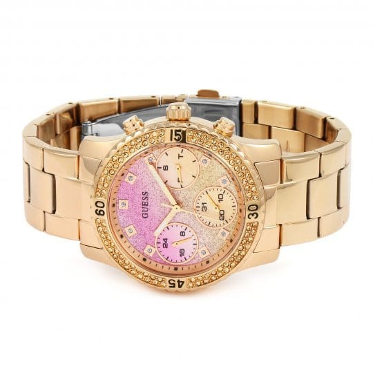 Guess Confetti Pink Dial Rose Gold Steel Strap Watch For Women - W0774L3