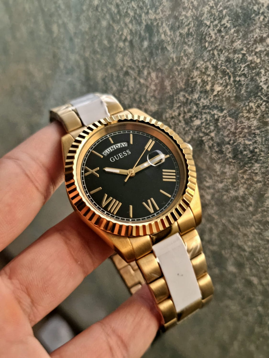 Guess Connoisseur Black Dial Gold Steel Strap Watch for Men - GW0265G3