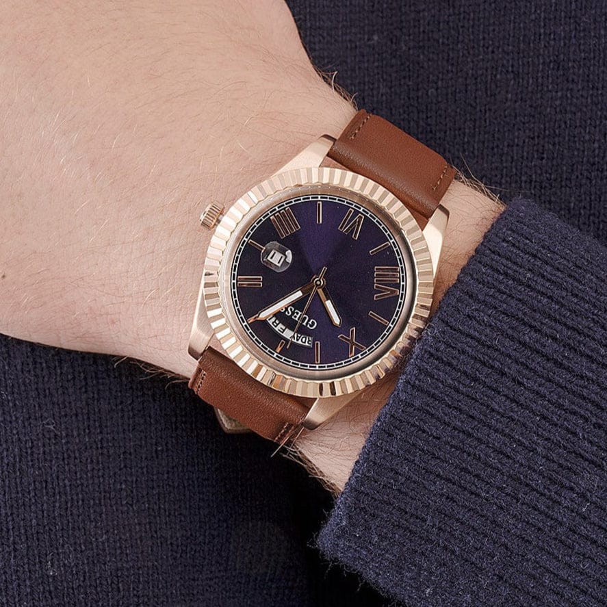 Guess Connoisseur Blue Dial Brown Leather Strap Watch For Men - GW0353G2