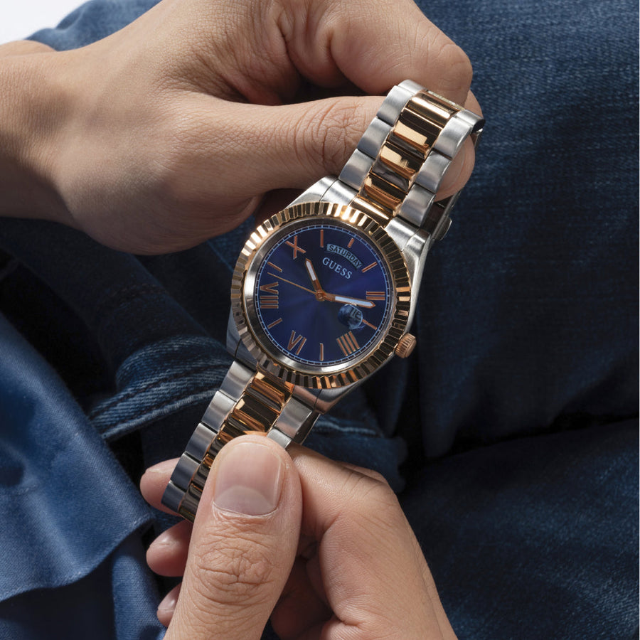 Guess Connoisseur Quartz Blue Dial Two Tone Steel Strap Watch For Men - GW0265G12