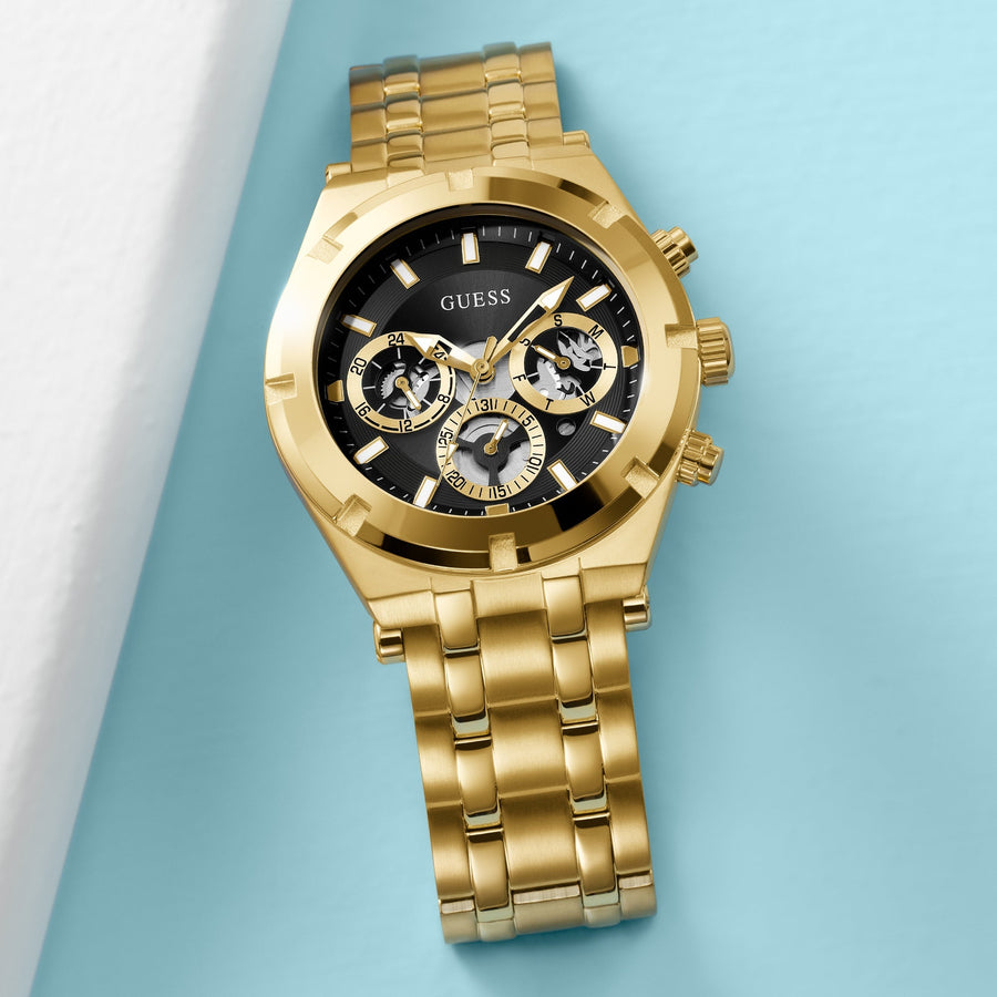 Guess Continental Black Dial Gold Steel Strap Watch for Men - GW0260G2