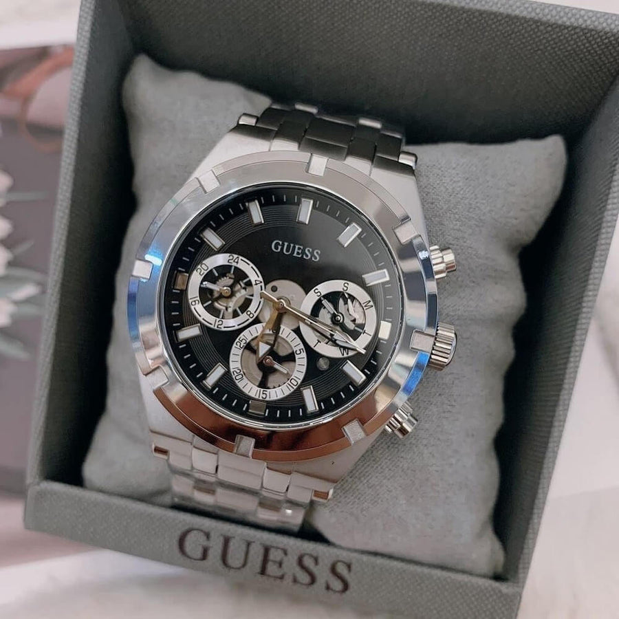 Guess Continental Black Dial Silver Steel Strap Watch for Men - GW0260G1