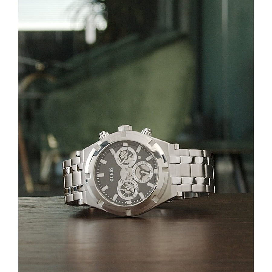 Guess Continental Black Dial Silver Steel Strap Watch for Men - GW0260G1