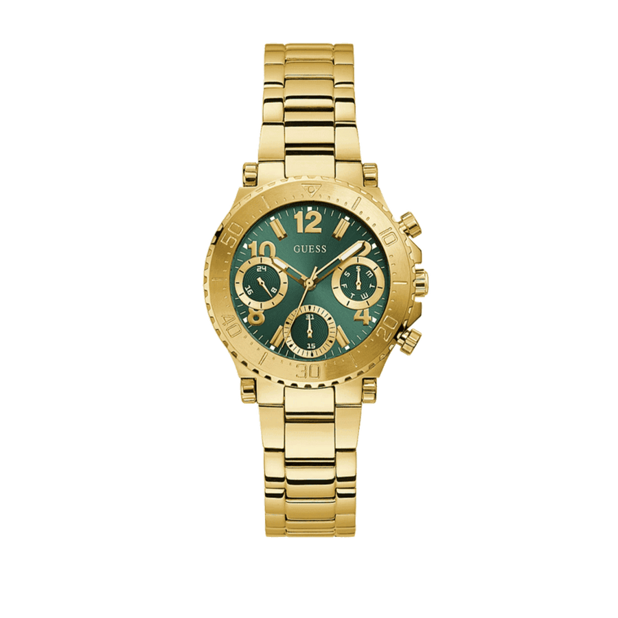 Guess Cosmo Chronograph Green Dial Gold Steel Strap Watch For Women - GW0465L5