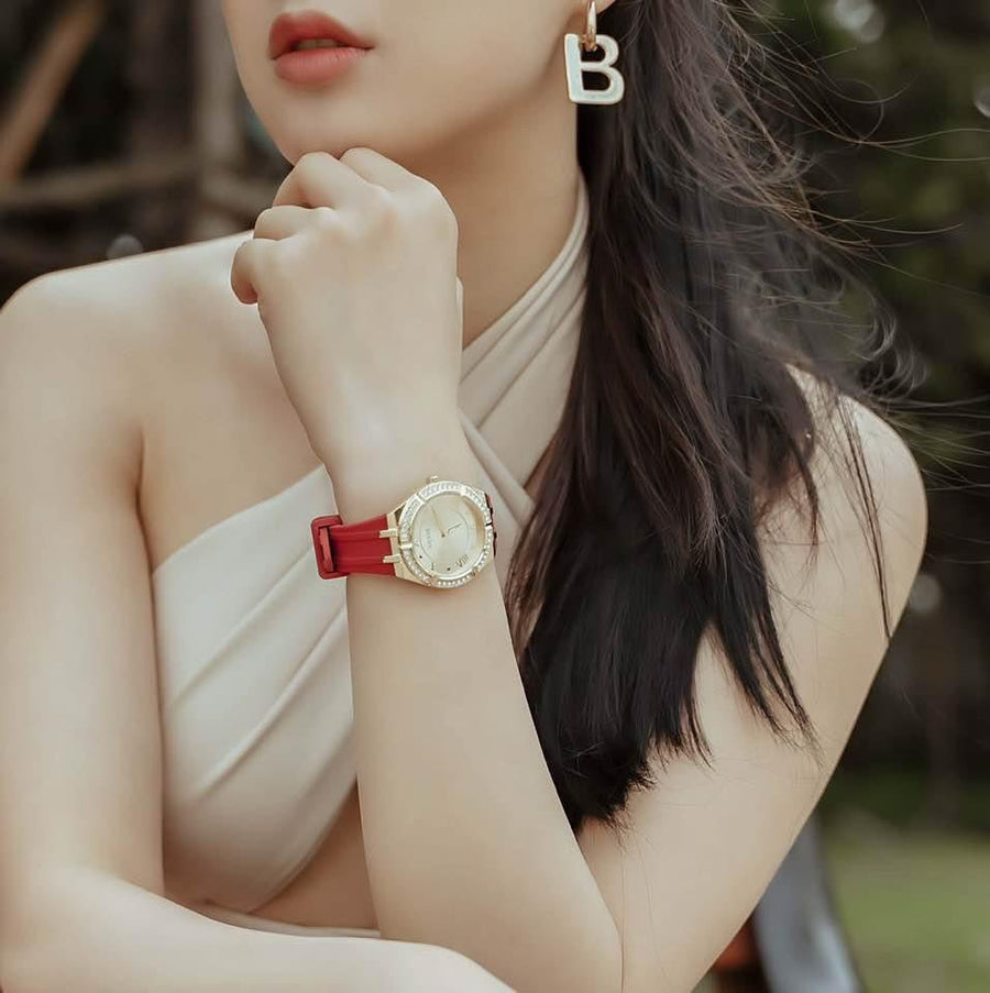 Guess Cosmo Diamonds Gold Dial Red Rubber Strap Watch for Women - GW0034L6